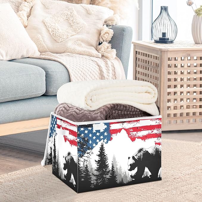 Storage Basket Bins Bear Forest Print with Lid Foldable Flip-top Cubes with Handle for Home Office 16.5×12.6×11.8 in