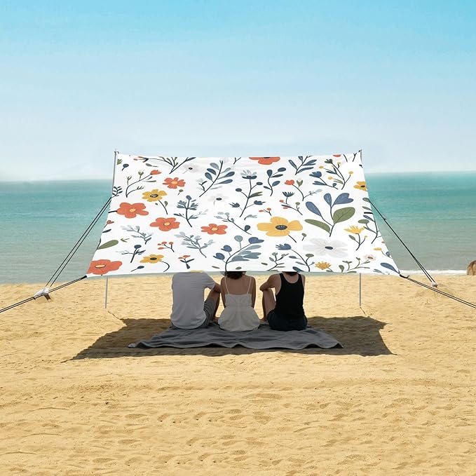 Little Wildflowers Foldable Beach Tent UPF50 Waterproof Portable Sun Shelter with Sand Pockets for Camping Picnics Backyard