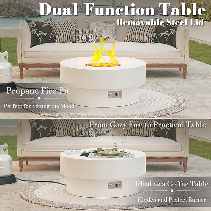 32.5 Inch Propane Fire Pit Table 50000 BTU Round Patio Fire Pit Table Outdoor CSA Certified Stainless Burner with Steel Lid Waterproof Cover &amp Lava Rocks for Garden Backyard White