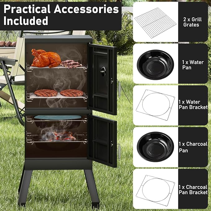 Happygrill Charcoal Grills 40 Vertical BBQ Smoker Grill with Built-in Thermometer Adjustable Air Dampers Removable Water Pan &amp Grill Grates for Backyard Picnics Party Outdoor Camping