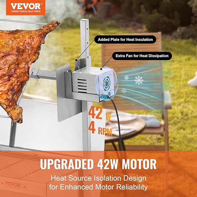 VEVOR Rotisserie Grill with Windscreen BBQ Whole Pig Lamb Goat Charcoal Spit Grill 35 Inch 90 Lbs Capacity Electric 42W Motor Stainless Steel Roaster with Lockable Wheels for Camping Outdoor