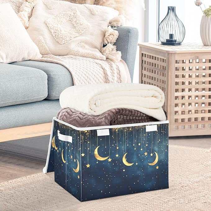 AIXIWAWA Storage Cube with Lid (Golden Moon and Stars) Fabric Foldable Closet Bins with Flip Lid and Handles Organizer Basket Container 16.5 x 12.6 x 11.8 IN