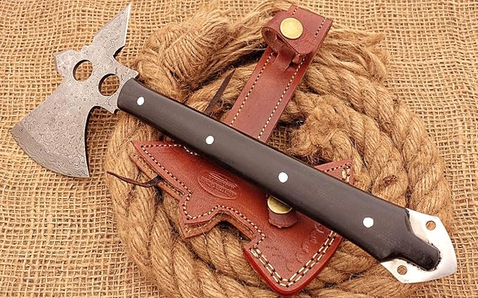 HUNTEX Unique Custom Hand-Forged Rain Drop Pattern Damascus Steel 12 Inch Long Buffalo Horn Handle Full Tang Razor Sharp Hunting Camping Hiking Hiking Axe with Genuine Leather Sheath