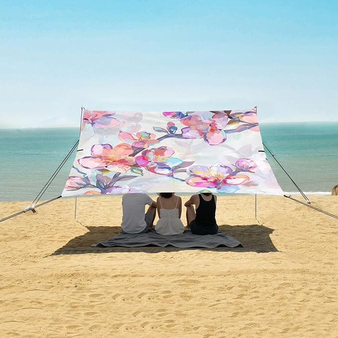 ALAZA Cherry Blossom Watercolor Beach Tent Sun Shelter UPF50+ Protection Beach Shade Canopy w/ 4 Sandbags for Outdoor Camping Fishing Backyard Fun Picnic 10x9 ft