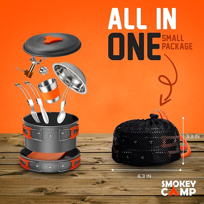 Smokey Camp Camping Cookware Mess Kit Set with Stove - Backpacking Camping Pots and Pans Set All in One Non-Stick Camping Cooking Set Portable Stove Hiking Picnic Outdoor &amp Camping Cookware S