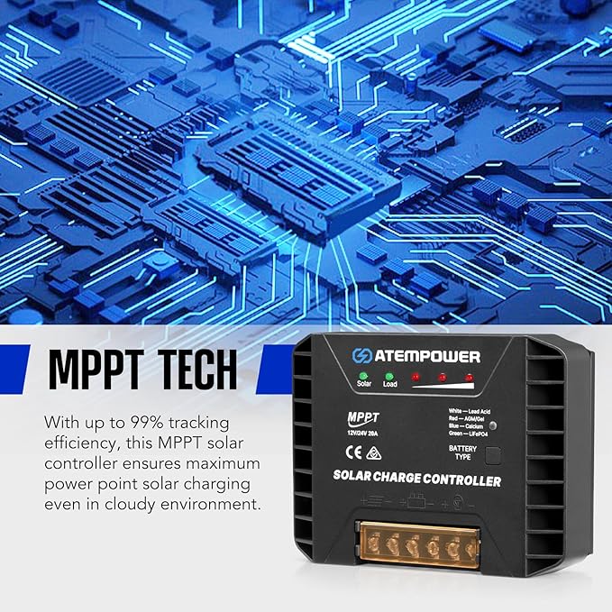 ATEM POWER 20A 12V/24V MPPT Solar Charge Controller Selecting Battery Type Activate Lithium Battery Intelligent Solar Controller Compatible with Lead Acid AGM Gel Calcium and LiFePO4 Battery
