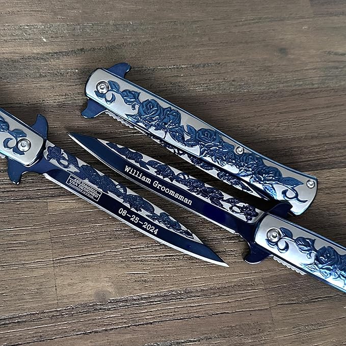 Custom Black or Blue Rose Folding Pocket Knife – Personalized Engraved Tactical Pocket Knife Gift for Him Husband Dad Boyfriend Groomsmen