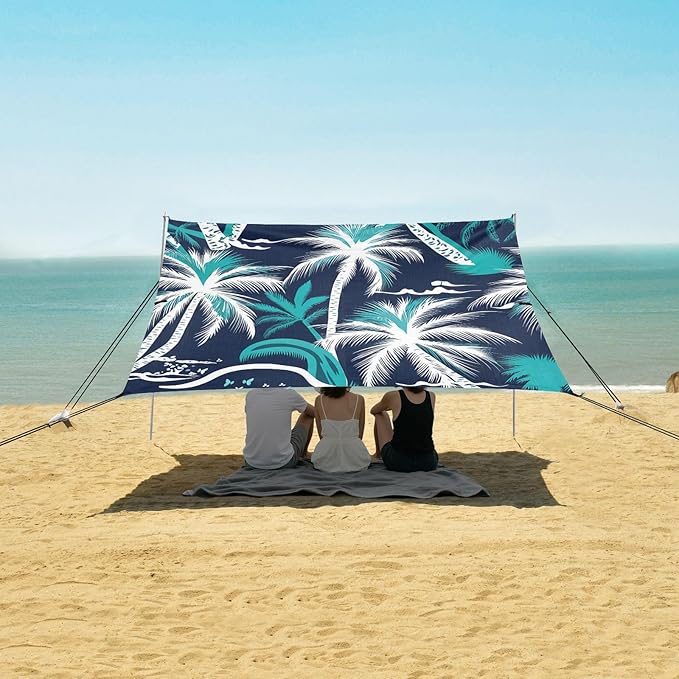 xigua Palm Tree Beach Tent Sun Shelter with Carrying Bag - Silver Coated Oxford Fabric Beach Canopy for Beach Camping Fishing - Includes Windproof Ropes Sandbags &amp Stakes