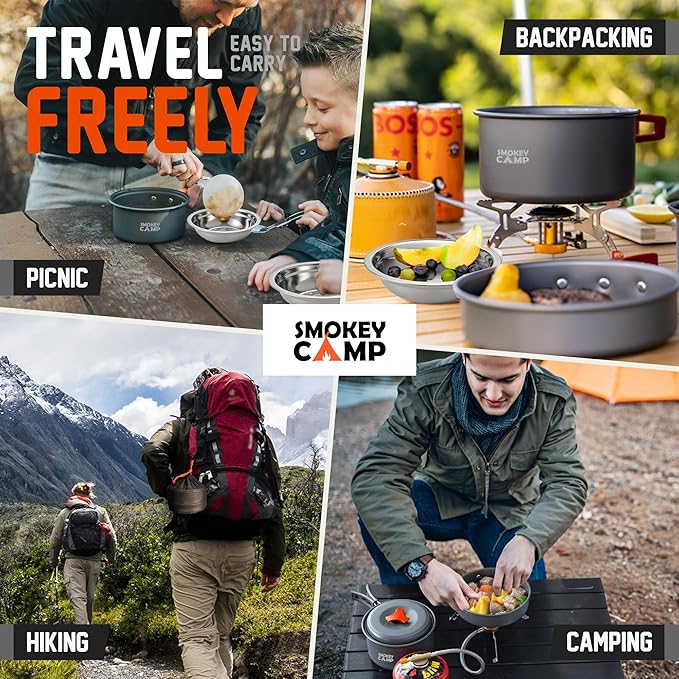 Smokey Camp Camping Cookware Mess Kit Set with Stove - Backpacking Camping Pots and Pans Set All in One Non-Stick Camping Cooking Set Portable Stove Hiking Picnic Outdoor &amp Camping Cookware S