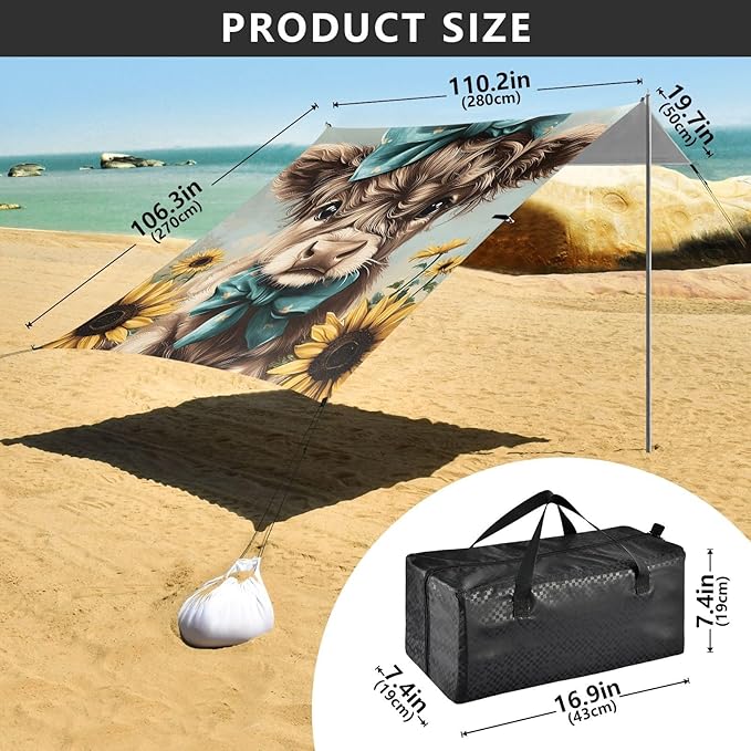 ALAZA Cute Baby Highland Cow Sunflower Bow Beach Tent Sun Shelter Portable Canopy Sunshade for Outdoor Camping Picnics Backyard Fun 10x9 ft