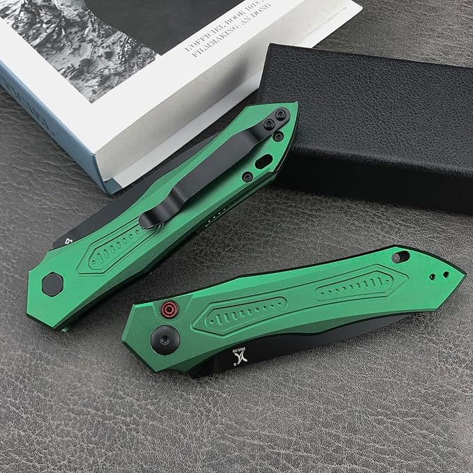 EDC Folding Pocket Knife For Men Button Lock Knife 3.35in 9Cr18MoV Steel Blade Green Aluminum Handle with Pocket Clip Sharp Camping Hiking Knives (green)