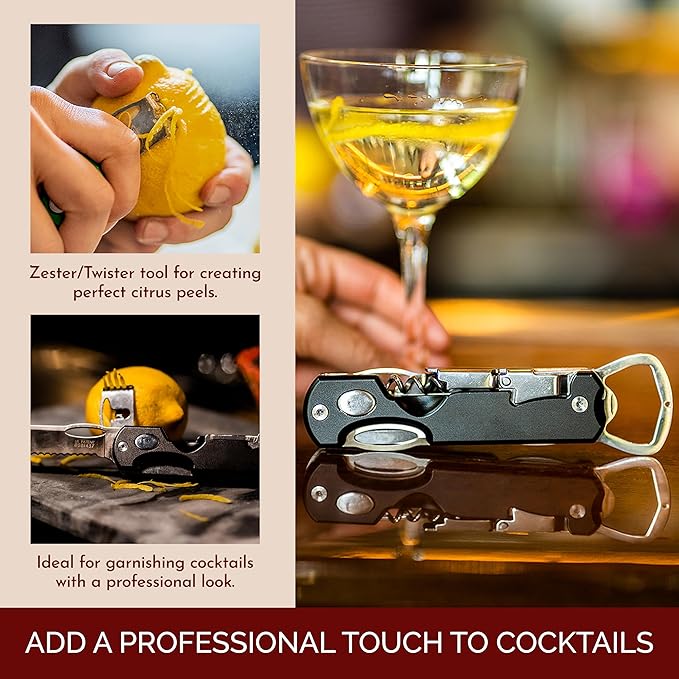 Bartender's All-in-One Bar Tool Set: Corkscrew Zester Citrus Knife and Bottle Opener Kit with Magnet for Picnics Tailgating BBQs Camping Travel Beach Parties and Bartending Black