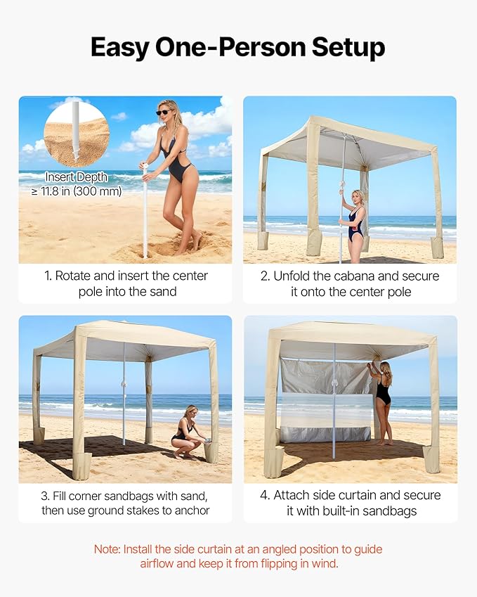 VEVOR Beach Cabana 8 x 8 ft Beach Canopy with Side Wall UPF 50+ Protection Easy Setup Cabana Tent with Sand Pockets Adjustable Height Portable Shade Sun Shelter Umbrella for Family &amp Friends K