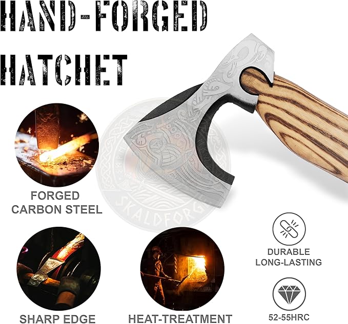 Custom Forged Carbon Steel Viking Style Bearded Axe - Real Hatchet Throwing &amp Camping Axe with Leather Wrap Best Gift for Anniversary Valentine's Day Birthday with Leather Sheath