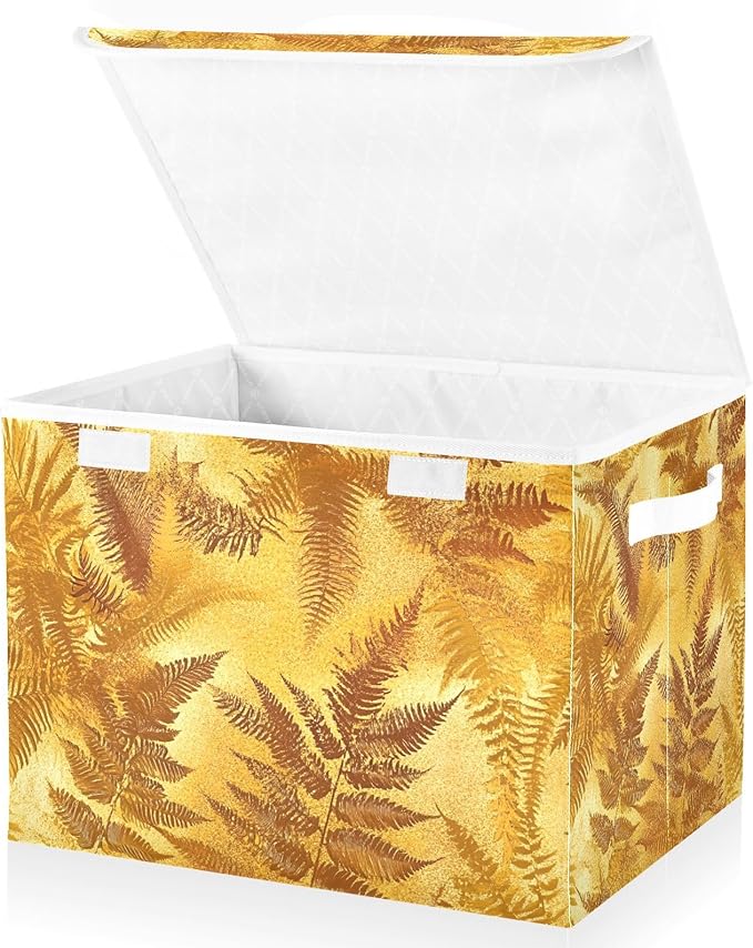 Storage Cube with Lid Golden Leaf Print 16.5×12.6×11.8 IN 1 Pack Collapsible Large Capacity Foldable Storage Basket Bin Organizer