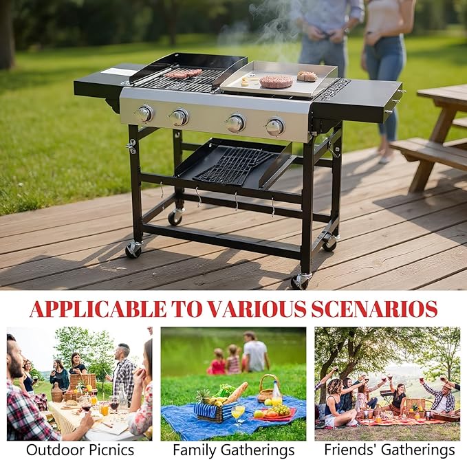 4-Burner Propane Gas Grill and Griddle Combo Stainless Steel Propane Grill 36900 BTU Outdoor Cabinet Style with Wheels Wire Rack and Two Foldable Side Table (2 Grill Pans + 2 Grills)
