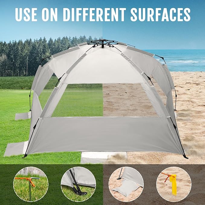 WhiteFang Deluxe Pop Up Beach Tent Sun Shade Shelter for 3-4/5-6 Person UV Protection Extendable Floor with 3 Ventilating Windows Plus Carrying Bag Stakes and Guy Lines