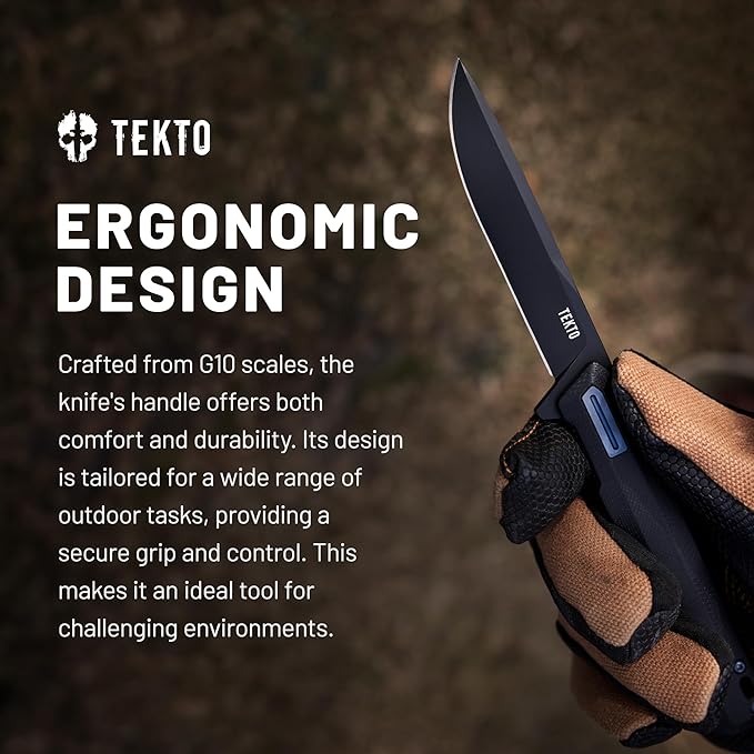 TEKTO F2 Bravo Folding Pocket Knife - D2 Steel Blade Ceramic Ball Bearings - EDC - Snap Swift Flip for Camping Backpacking - 2.4oz (68g) G10 Black Handle Blue Titanium Accents