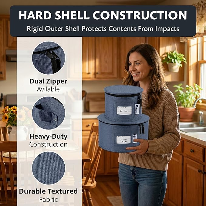 China Storage Hard Shell Containers 5-Piece Set Moving Boxes for Dinnerware Glasses Plates Mugs and Saucers Sturdy Dish Organizer with Dividers for Seasonal Storage - Service for 12 - Denim Blue