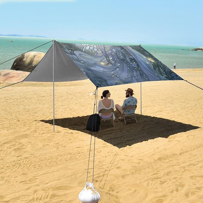 Fairy Game Anime Girl Beach Canopy UPF50+ Easy Setup Large Sun Shelter with Sandbags Sand Shovel Poles for Camping Picnics Backyard
