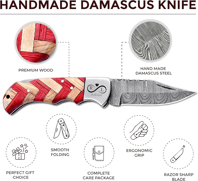 Custom Pocket Knife gifts for Men Personalized Damascus Folding Knife Engraved Gifts for Him Dad Boyfriend Husband Anniversary Groomsmen Gifts. Custom Knife for Camping Hunting Everyday Carry (