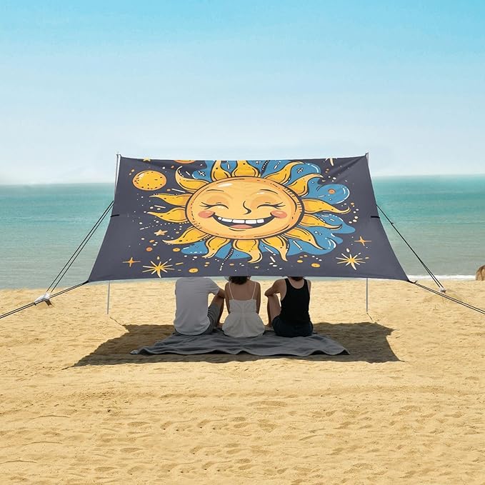 ALAZA Sun Moon Star Cartoon Funny Beach Tent Sun Shelter UPF50+ Protection Beach Shade Canopy w/ 4 Sandbags for Outdoor Camping Fishing Backyard Fun Picnic 10x9 ft
