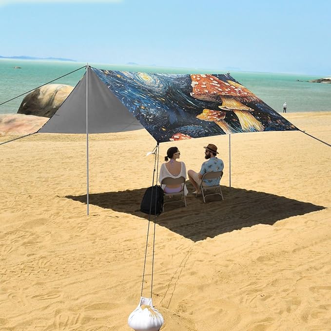 ALAZA Mushroom Starry Night Galaxy Art Beach Tent Sun Shelter Portable Canopy Sunshade for Outdoor Camping Picnics Backyard Fun 10x9 ft