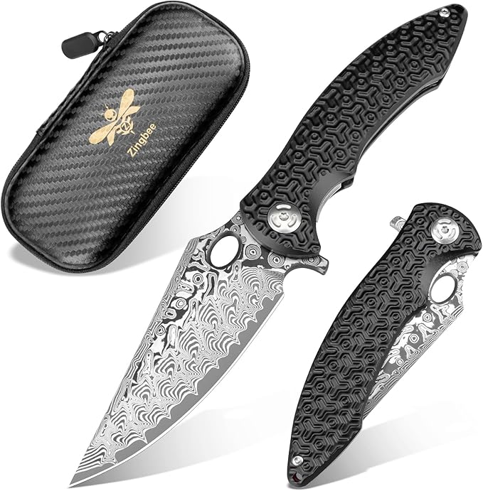 Zingbee Pocket Knife for EDC Damascus Pocket Knife with Black Aluminum Handle 3.3 Damascus Blade Pocket knives &amp Folding Knives