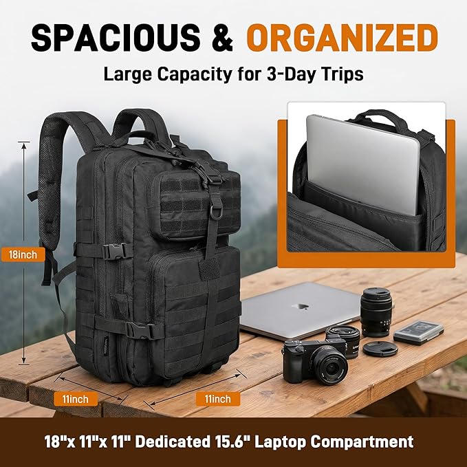 40L Military Tactical Backpack for Men Tactical Laptop Backpack with Molle Waterproof Army 3 Days Assault Pack &amp Bug Out Bag for Hiking (09-Black)