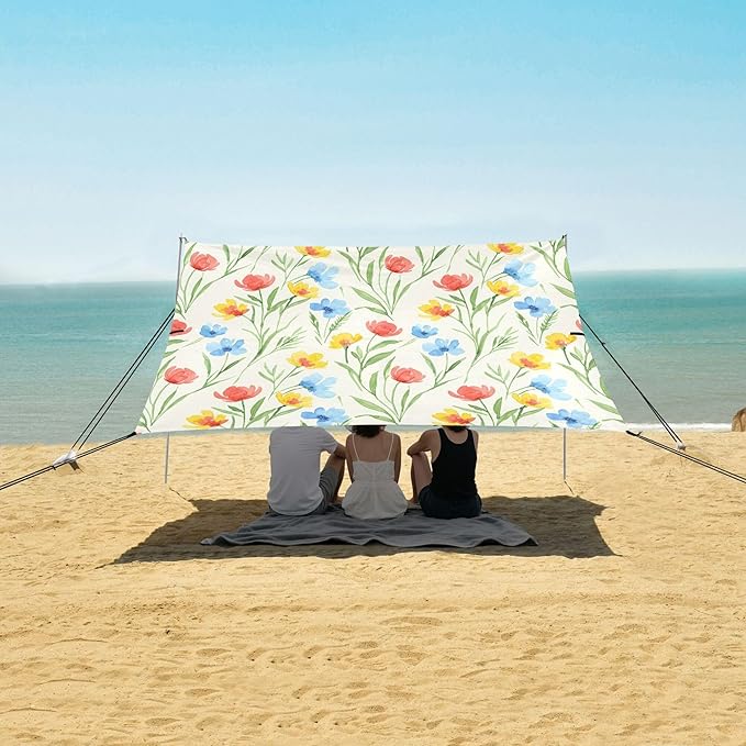Wildflowers Beach Canopy Sun Shelter with Sandbags &amp Sand Shovel &amp Windproof Ropes - Portable 110x126 Beach Shade Beach Tent for Camping Picnics