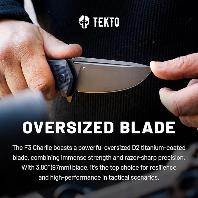 TEKTO F3 Charlie Button Lock Folding Knife Oversized Fine Edge Blade - Easy Open Pocket Knife with Titanium Coated D2 Steel &amp Black Titanium Barrel Spacers