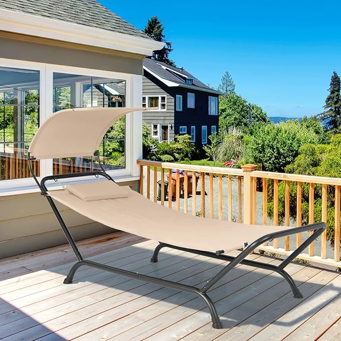 Giantex Hanging Hammock with Stand Patio Hanging Chaise Lounge Chair w/Canopy Cushion Pillow &amp Storage Bag Heavy Duty Swing Hammock Bed for Garden Lawn Backyard Patio Poolside Porch (Beige)