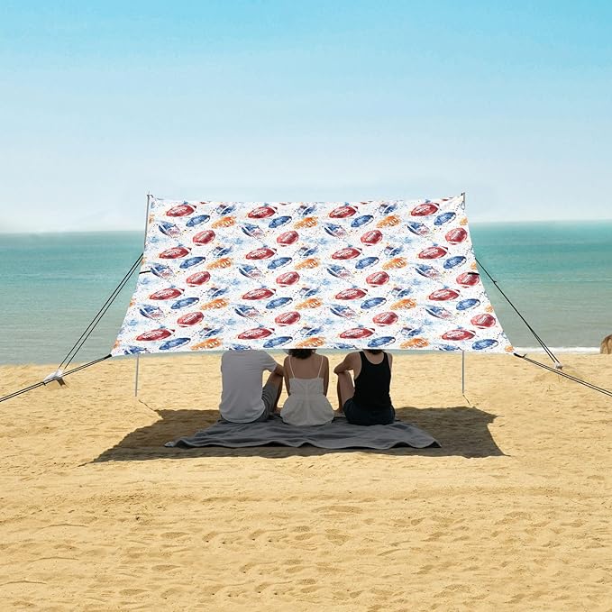 ALAZA Watercolor Football Beach Tent Sun Shelter UPF50+ Protection Beach Shade Canopy w/ 4 Sandbags for Outdoor Camping Fishing Backyard Fun Picnic 10x9 ft