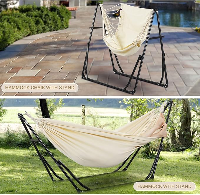 2 in 1 Hammock with Stand Outdoor Hammock Swing Chair with Portable Heavy Duty Stand Multi-Functional Hammock Stand 480 lbs Weight Capacit-White