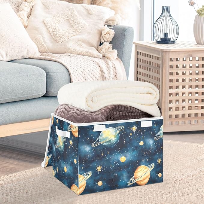 Storage Cube with Lid Watercolor Space Print 16.5×12.6×11.8 IN Collapsible Large Capacity Foldable Storage Basket Bin Organizer