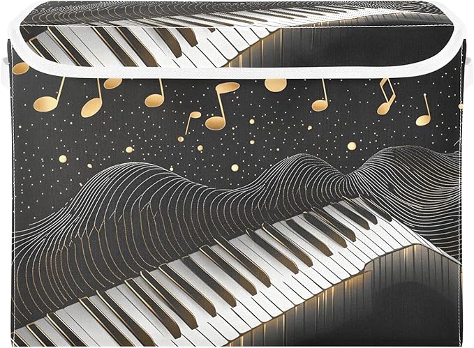 Foldable Storage Bin Basket with Lid - Piano Keys Gold Music Notes Large Collapsible Storage Box Organizer for Home Office &amp Books Clothes Storage 16.5x12.6x11.8