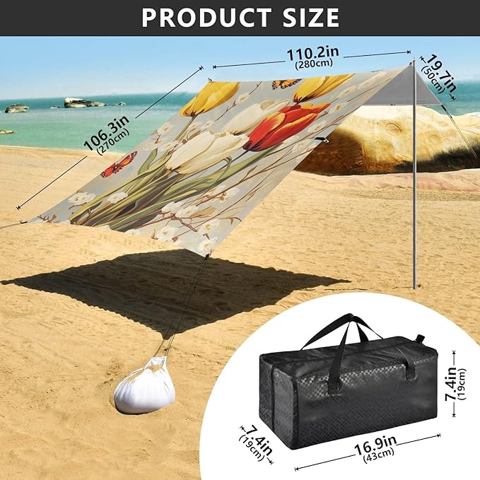 ALAZA Vintag Tulips Branches and Butterflies Beach Tent Sun Shelter Portable Canopy Sunshade for Outdoor Camping Picnics Backyard Fun 10x9 ft