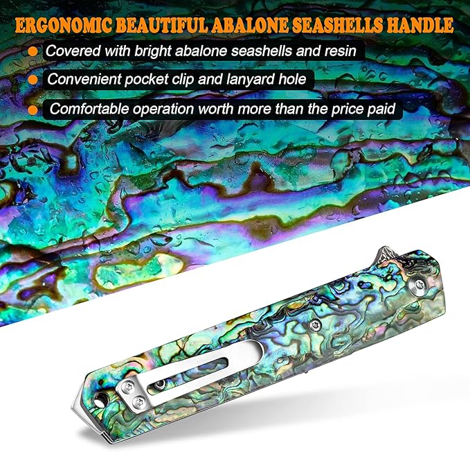 AUBEY Damascus Pocket Knife with Clip Sharp Tanto Blade with VG10 Core Folding Knife with Abalone Shell Handle and Glass Breaker EDC Camping Knife for Gift Survival Collection