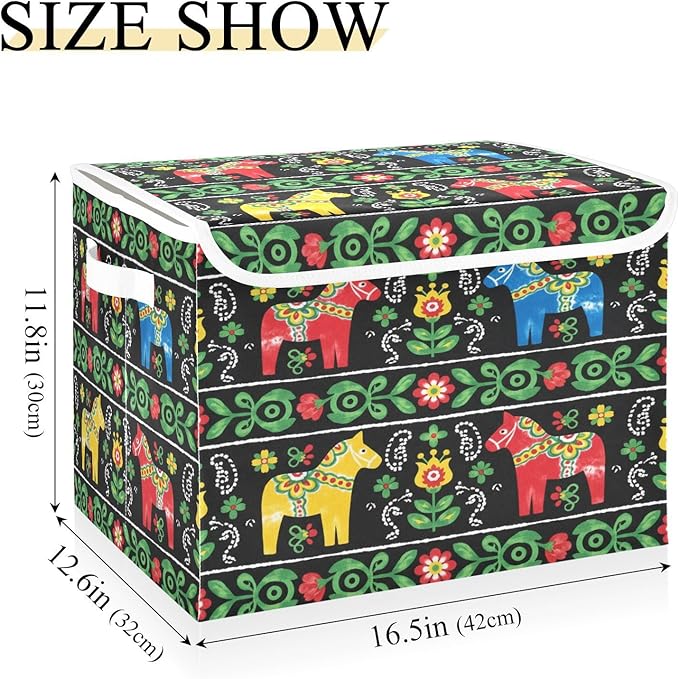 senya Baskets Collapsible Storage Bins with Lids Ethnic Swedish Dala Horse Storage Boxes Clothes Baskets for Organizing