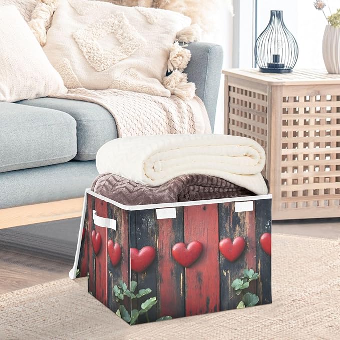 AIXIWAWA Lidded Storage Cube (Hearts Wood) Fabric Foldable Closet Bins with Flip Lid and Handles Organizer Basket Container 16.5 x 12.6 x 11.8 IN