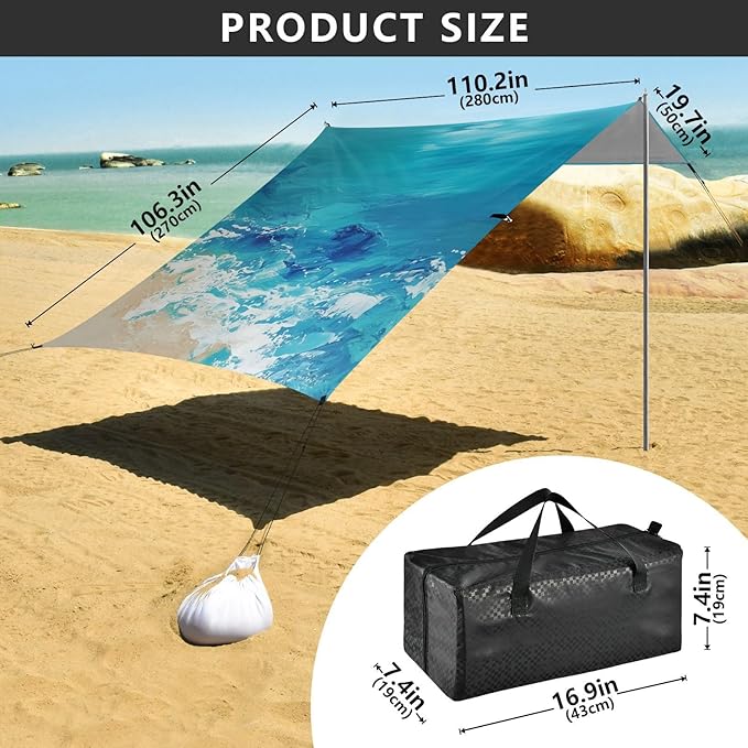 xigua Waves Beach Tent Sun Shelter with Carrying Bag - Silver Coated Oxford Fabric Beach Canopy for Beach Camping Fishing - Includes Windproof Ropes Sandbags &amp Stakes