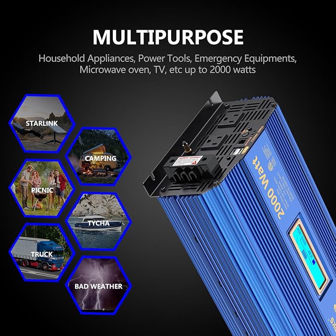 2000Watt Pure Sine Wave Power Inverter 12V DC to 110V 120V AC ETL UL458 Compatible with Lithium Battery Starlink for Off-Grid Solar RV Home Truck with 2.4A USB Ports &amp 1AC Terminal Block by VOLTWO