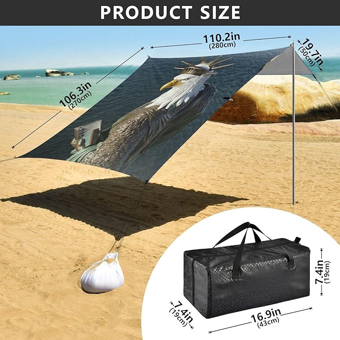 ALAZA Eagles Statue of Liberty Beach Tent Sun Shelter Portable Canopy Sunshade for Outdoor Camping Picnics Backyard Fun 10x9 ft