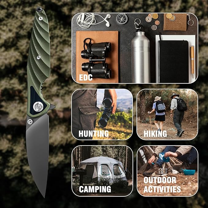 FINTISO Pocket Knife 3.15 Folding Knife Premium 14C28N Blade Bicolour Green and Black G10 Handle Design with Liner Lock Pocket Clip for Men Women Small EDC Knife for Camping Hunting Hiking Survi