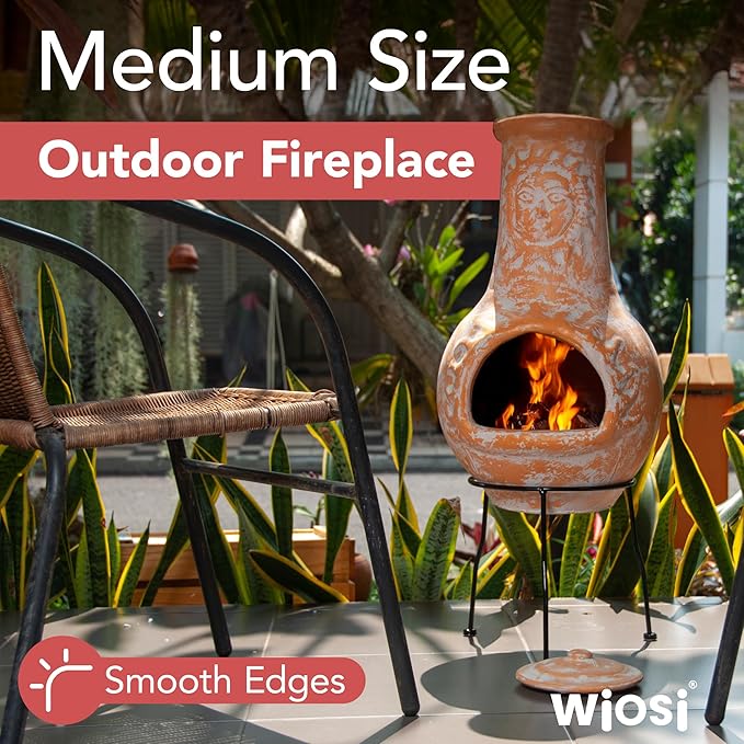 Wiosi Medium 𝗖𝗵𝗶𝗺𝗶𝗻𝗲𝗮 Outdoor Fireplace for Patio Clay Chimineas with Chimney Rain Lids and Solid Metal Stands - Yellow Terracotta Chimenea - Rustic Wooden Fire Pit Chimnea 16 x 16 x 32-inch