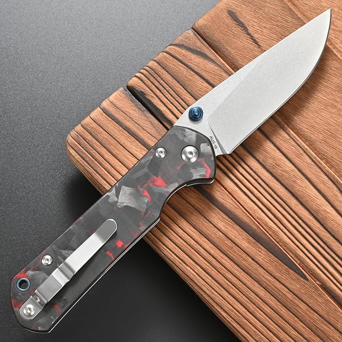 FF23 Folding Knife AUS-10 Steel Blade Carbon Fiber Handle with Pocket Clip for Men Women Outdoor Camping Fishing Working Survival(Red)