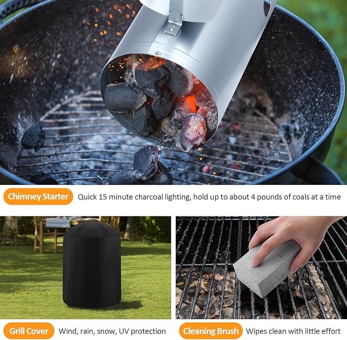 18 inch Kettle Charcoal Grills Leonyo Portable BBQ Charcoal Grill for Outdoor with Cover &amp Chimney Starter Griddle Accessories for Camping Patio Backyard Cooking - 254 Sq.in