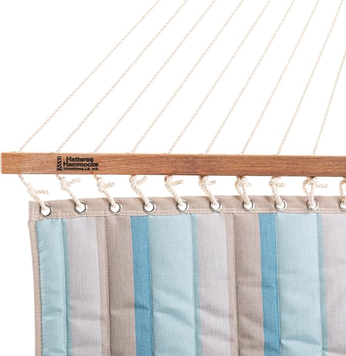Hatteras Hammocks Large Gateway Mist Sunbrella Quilted Hammock – 13 ft. x 55 in. 2-Person 450 lb Capacity Cumaru Spreader Bar Zinc-Plated Hardware – Handcrafted in The USA