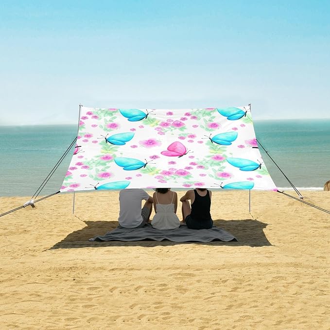 Beach Canopy with Windproof Ropes &amp Sandbags Beach Tent Sun Shade Sun Shelter for Camping Trips Fishing Backyard Fun or Picnics Butterfly