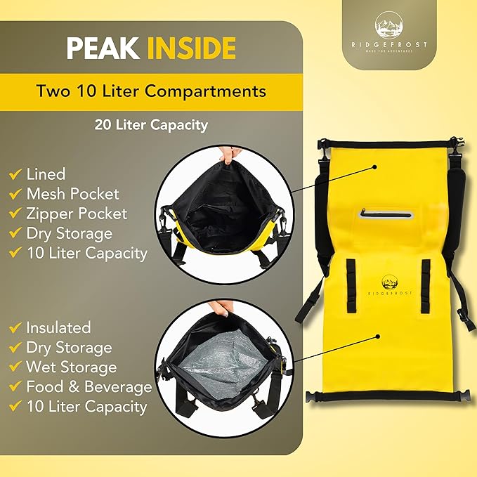 Ridgefrost 20L Dry Bag | Waterproof w/2 Compartments | Dry Bag for Beach &amp More | Lightweight Roll-Top &amp Roll-Bottom backpack